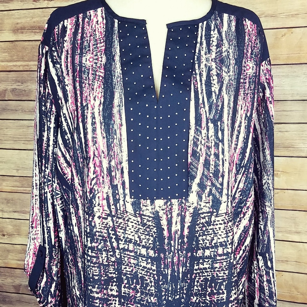 Valerie Stevens Womens Blouse Pink Blue 3/4 Sleeve